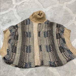Hem & Thread Tan and Blue Cowl Neck Sweater with Textured Stripes